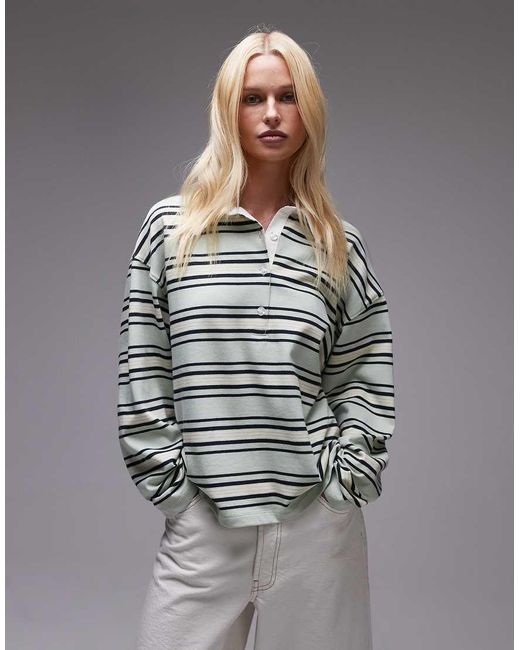 TOPSHOP Gray Jersey Stripe Rugby Long Sleeve Polo