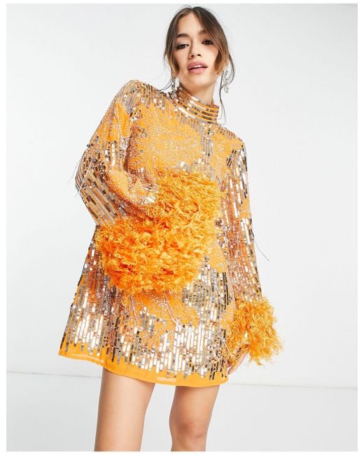 ASOS Floral Sequin And Bead Mini Dress With Faux Feather Cuff in Orange