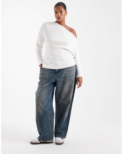 ASOS White Asos Design Curve Knitted Asymmetric Off-shoulder Rib Top