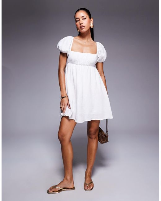 Princess Polly White Let's Dance Cheesecloth Puff Sleeve Open Tie Back Mini Smock Dress