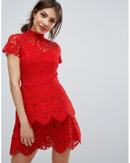 Missguided Red High Neck Double Layer Lace Dress