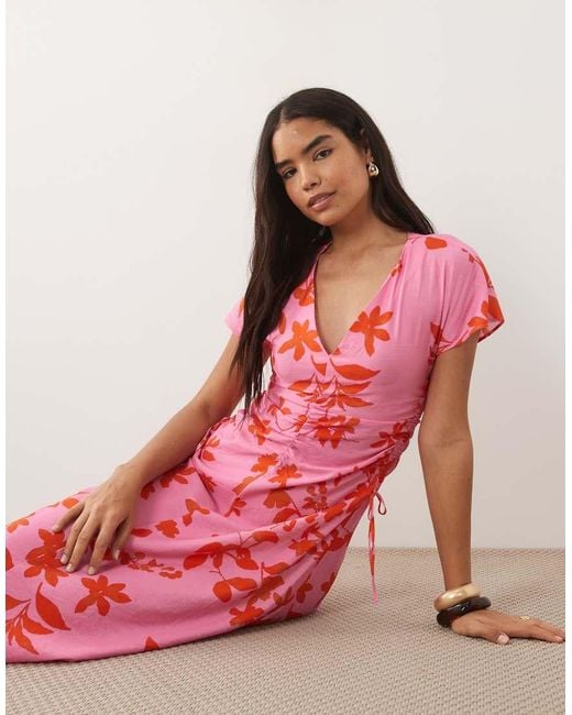 Mango Pink V Neck Midi Dress