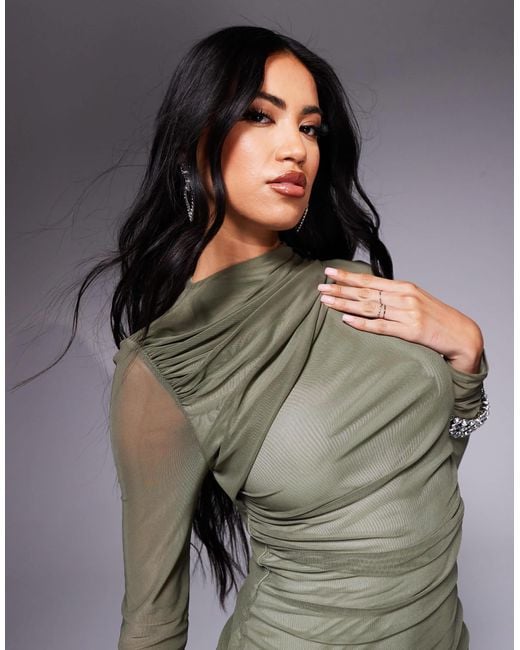 ASOS Long Sleeve Ruched Mesh Mini Dress With Contrast Lining in Green | Lyst