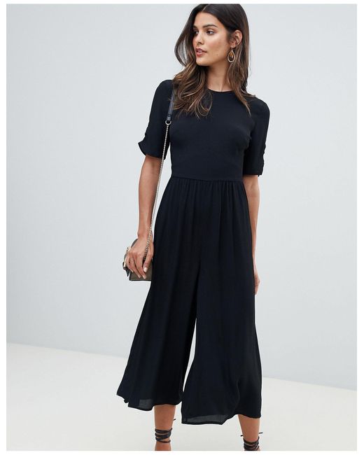 ASOS Black Tea Jumpsuit With Ruched Sleeve Detail