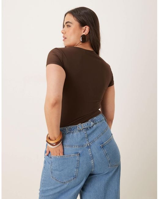 ASOS Brown Asos Design Curve Slinky Short Sleeve Bodysuit With Asymmetric Neckline And Draping