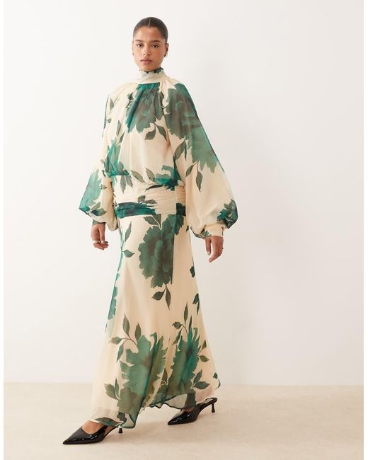 ASOS Green Asos Design Curve High Neck Drape Chiffon Maxi Dress With Neck Tie