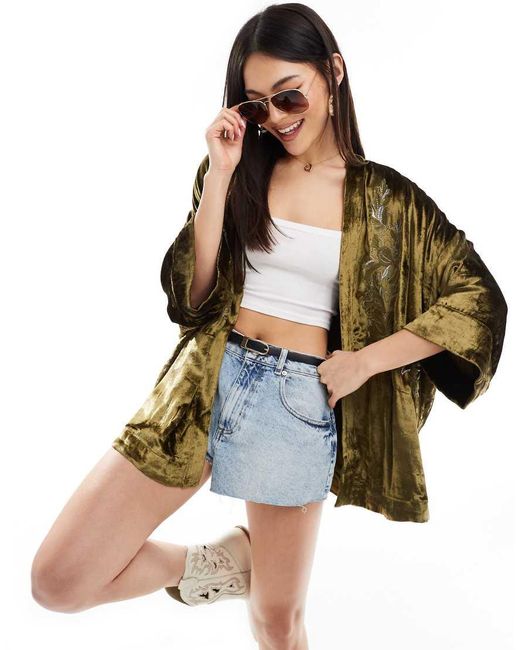 River Island Green Velvet Embellished Festival Kimono