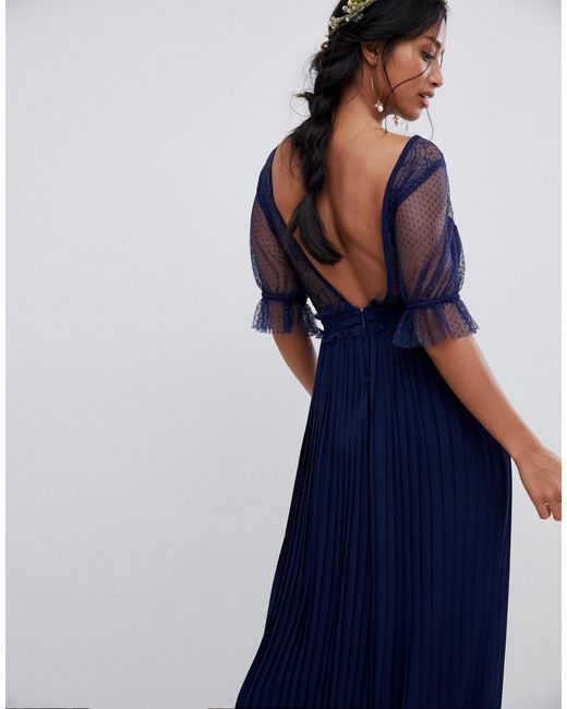 tfnc pleated maxi bridesmaid dress with spot mesh frill detail