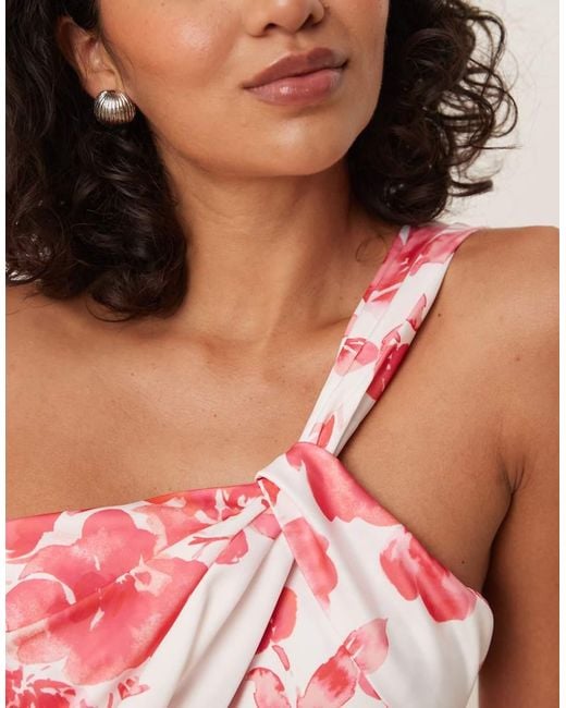 Y.A.S Pink One Shoulder Red Floral Satin Maxi Dress
