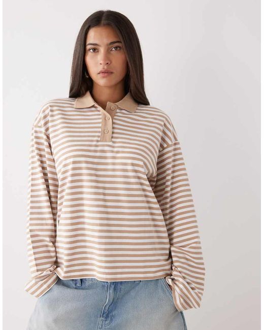 Monki Natural Long Sleeve Oversized Rugby Polo Shirt