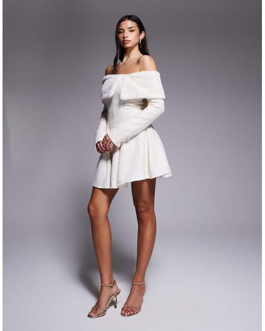 ASOS White Boucle Mini Dress With Faux-fur Trim