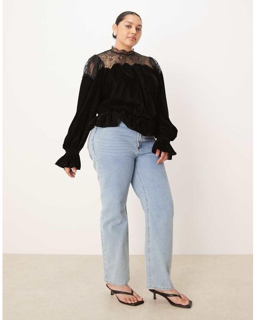 ASOS Black Asos Design Curve Velvet And Lace Mix High Neck Long Sleeve Blouse