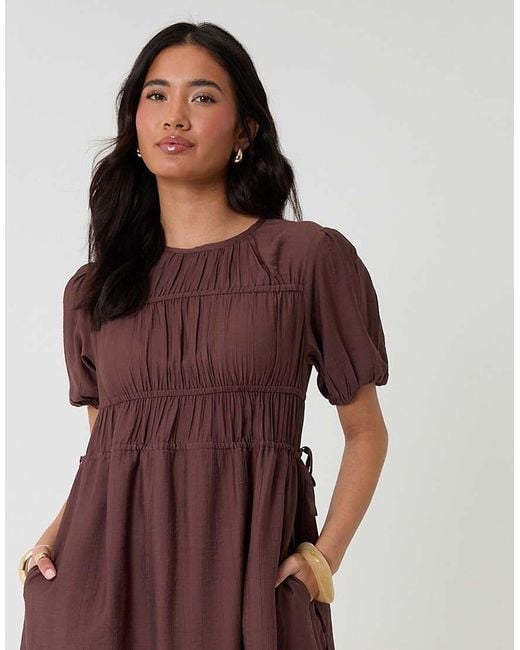 Threadbare Brown Ruched Drawstring Puff Sleeve Midi Dress