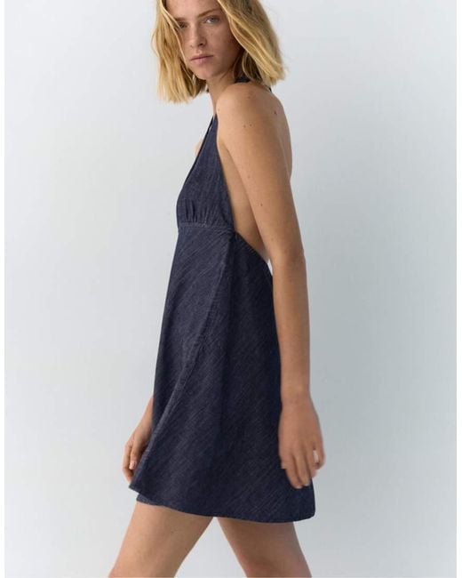 Pull&Bear Korte Denim Halterjurk in het Blue