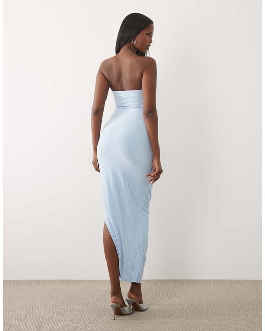 Missy Empire Blue Double Sculpted Slinky Bandeau Ruched Waist Detail Maxi Dress