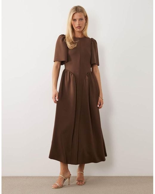 Y.A.S Brown Fitted Bodice Puff Sleeve Maxi Dress