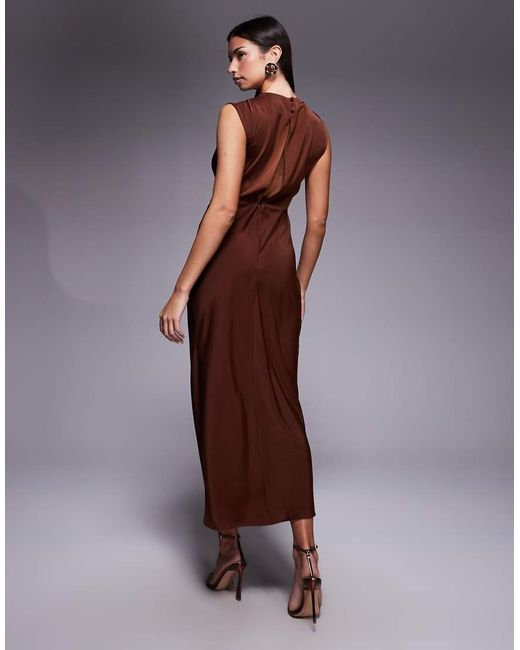 ASOS Brown Satin High Neck Pleated Bodice Midi Dress