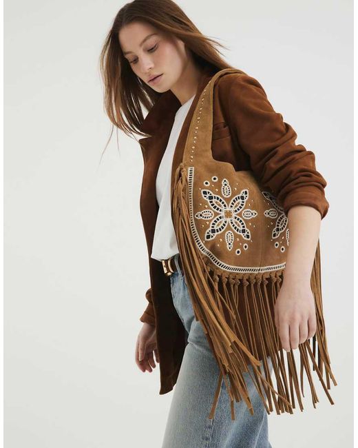 River Island Brown Suede Fringed Broderie Shoulder Bag