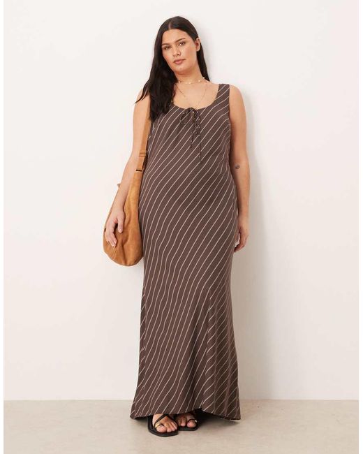 ASOS Brown Asos Design Curve Scoop Neck Tie Front Midi Dress