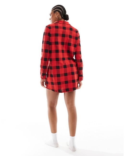 Brave Soul Red Long Sleeve And Black Check Shirt And Shorts Lounge Set
