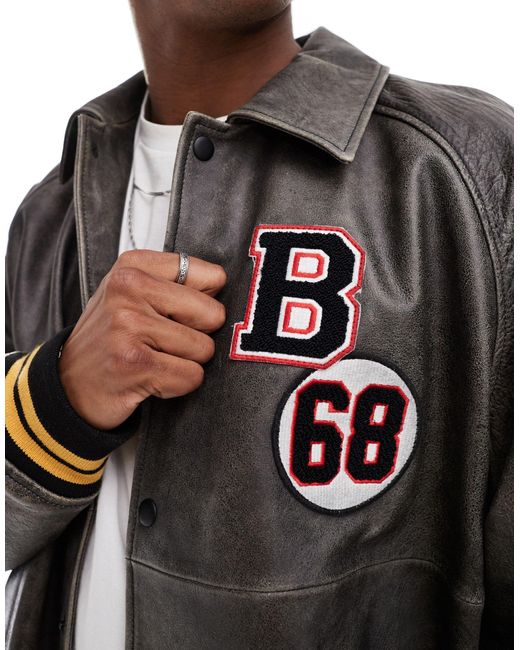 ASOS Black Real Leather Bomber Jacket With Varsity Badging for men