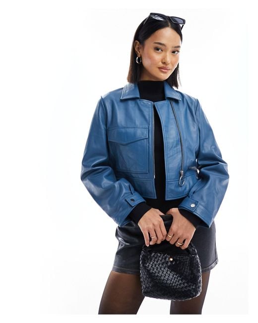 Muubaa Blue Minimal Boxy Fit Leather Jacket