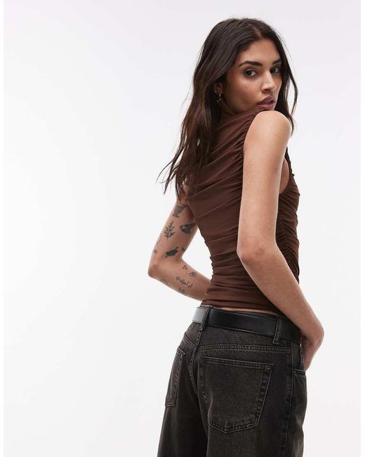 TOPSHOP Gerimpelde Top Van Jersey Met Rechte Hals in het Brown