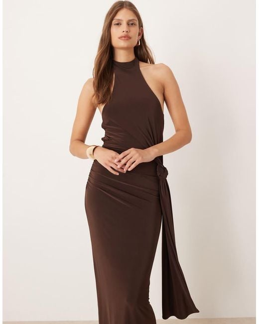brown asos dress ASOS DESIGN Tall Satin Drape Dress With Wrap Skirt In Chocolate