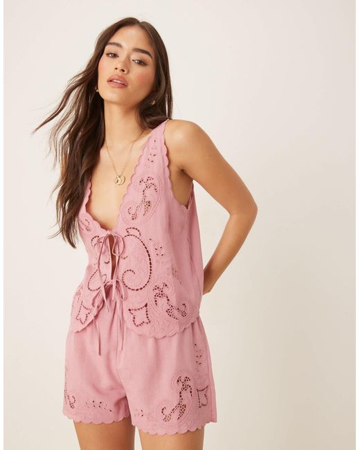 ASOS Pink Blake Broderie Linen Blend Beach Waistcoat With Linen