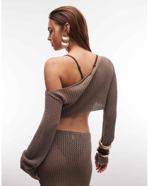 Aria Cove Brown Open Crochet Off Shoulder Flare Sleeve Beach Crop Top Co-ord