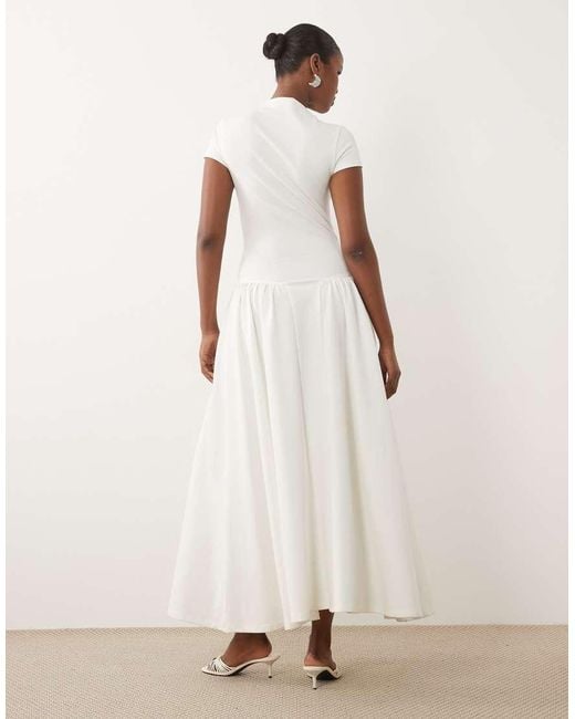 Kaiia White Exclusive High Neck Short Sleeve Fit And Flare Basque Dropped Waist Detail Maxi Dress