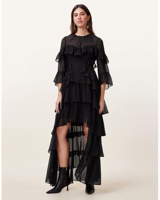 AllSaints Black Nat Ruffled High Low Maxi Dress