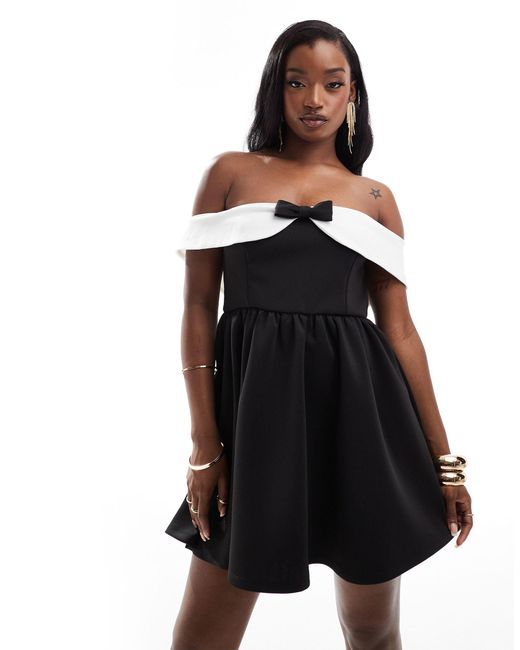 In The Style Black Exclusive Bardot Bow Front Mini Dress