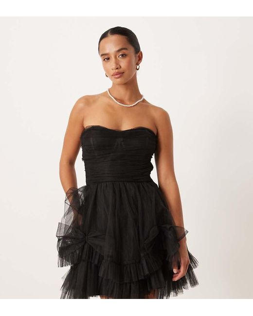 LACE & BEADS Black Corset Overlay Tulle Bow Mini Dress