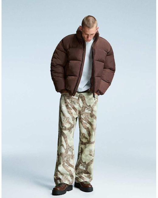 Bershka Brown Technical Puffer Jacket for men