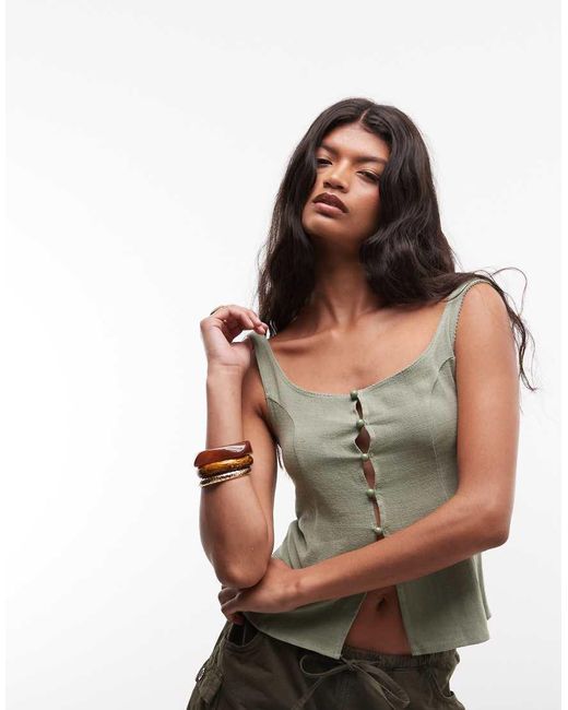 Reclaimed Vintage Green Linen Fitted Blouse With Picot Trim