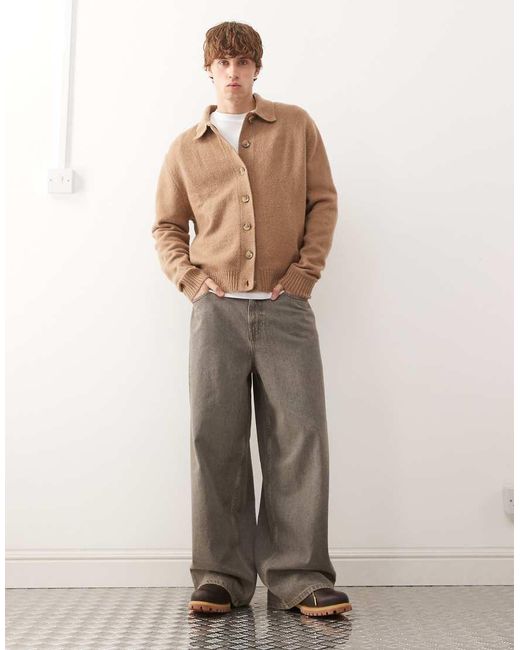 Collusion Brown Knitted Button Down Jumper for men
