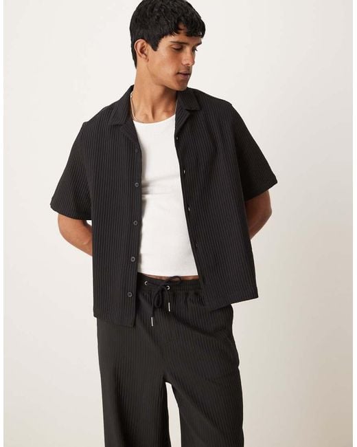 Camicia Ampia Squadrata Plissé Nera Con Rever di ASOS in Black da Uomo