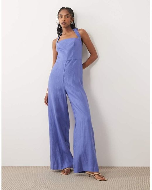 Mango Blue 100% Linen Halterneck Jumpsuit