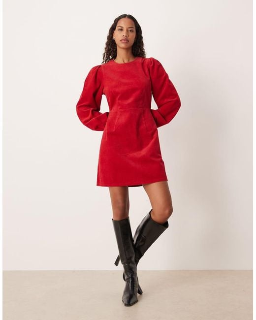 Nobody's Child Red peggy Balloon Sleeve Cord Mini Dress