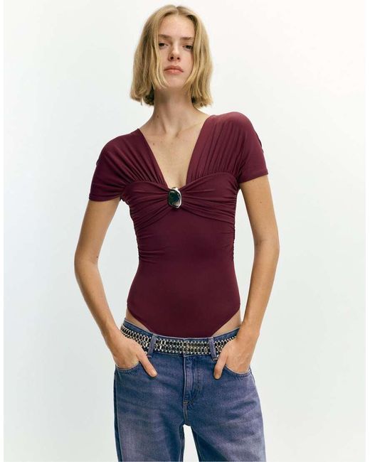Pull&Bear Purple Draped Buckle Bodysuit