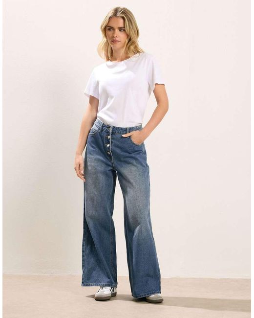 PixieGirl Blue Petite Button Front Wide Leg Jeans