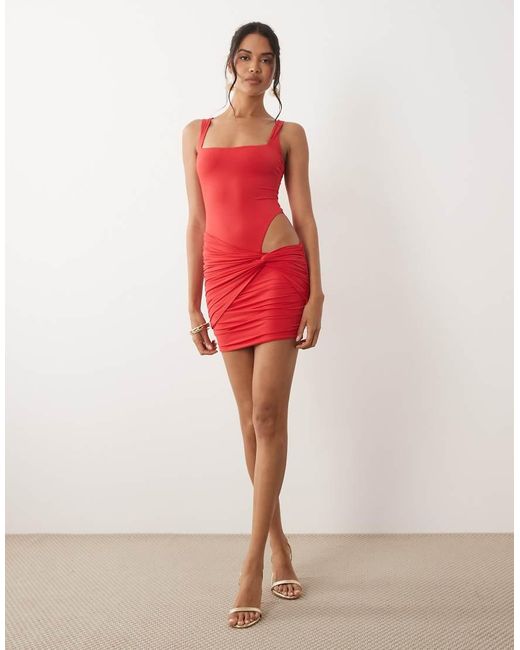 Oh Polly Red Square Neck Cut Out Detail Wrap Skirt Mini Dress