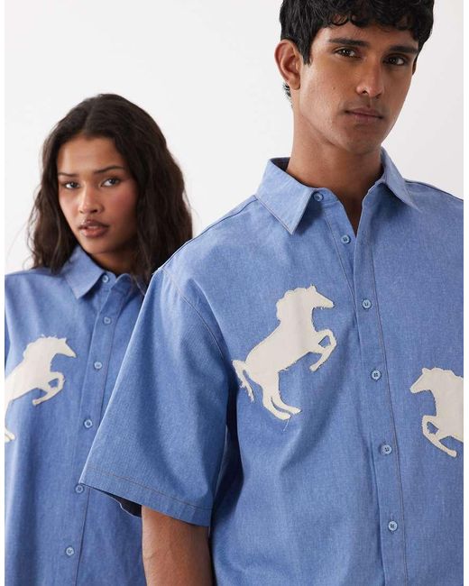 Sister Jane Blue Dala Unisex Cotton Applique Horse Detail Boxy Denim Shirt