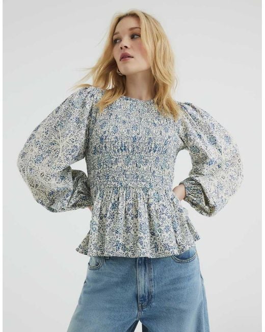River Island Blue Long Sleeve Shirred Top