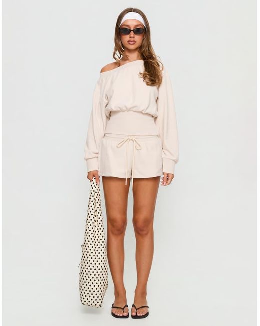 Princess Polly Natural Cassey Asymmetric Off Shoulder Ribbed Fitted Waist Sweatshirt