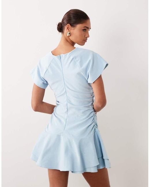 ASOS Blue Cord Short Sleeve Mini Dress With Ruching Tie Waist Detail