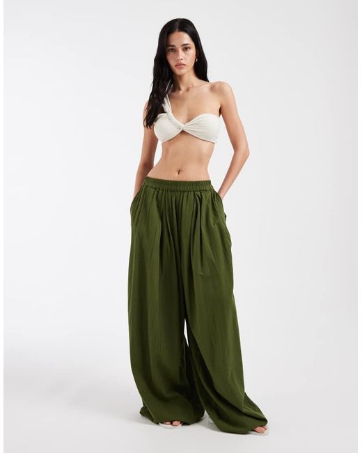 Pieces Green Crinkle Cotton Balloon Sleeve Trousers