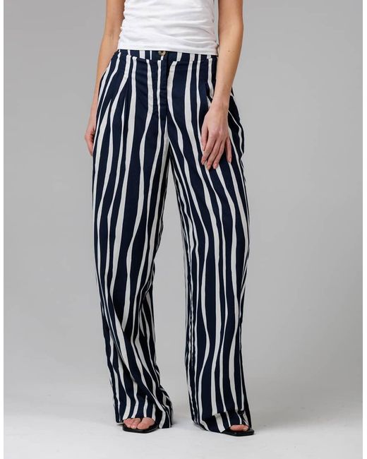 French Connection Blue Cotton Vertical Stripe Wide Leg Relaxed Fit Trousers