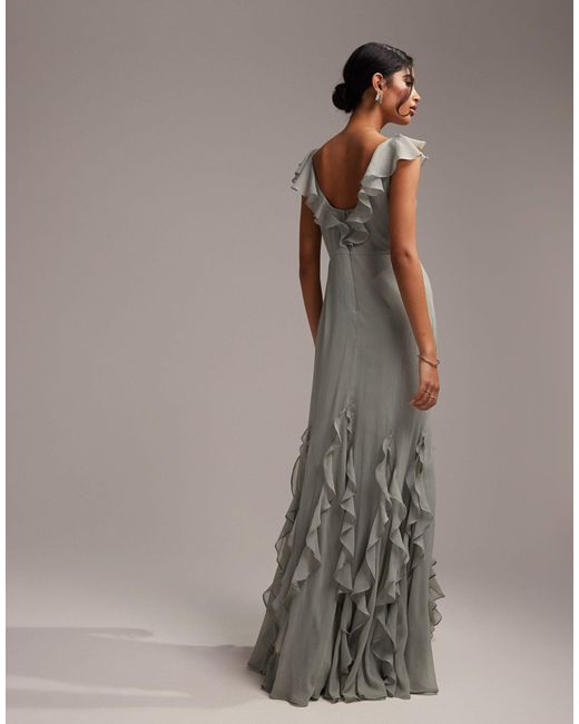 ASOS Gray Bridesmaids Flutter Sleeve Bias Maxi Dress With Godet Frill Hem